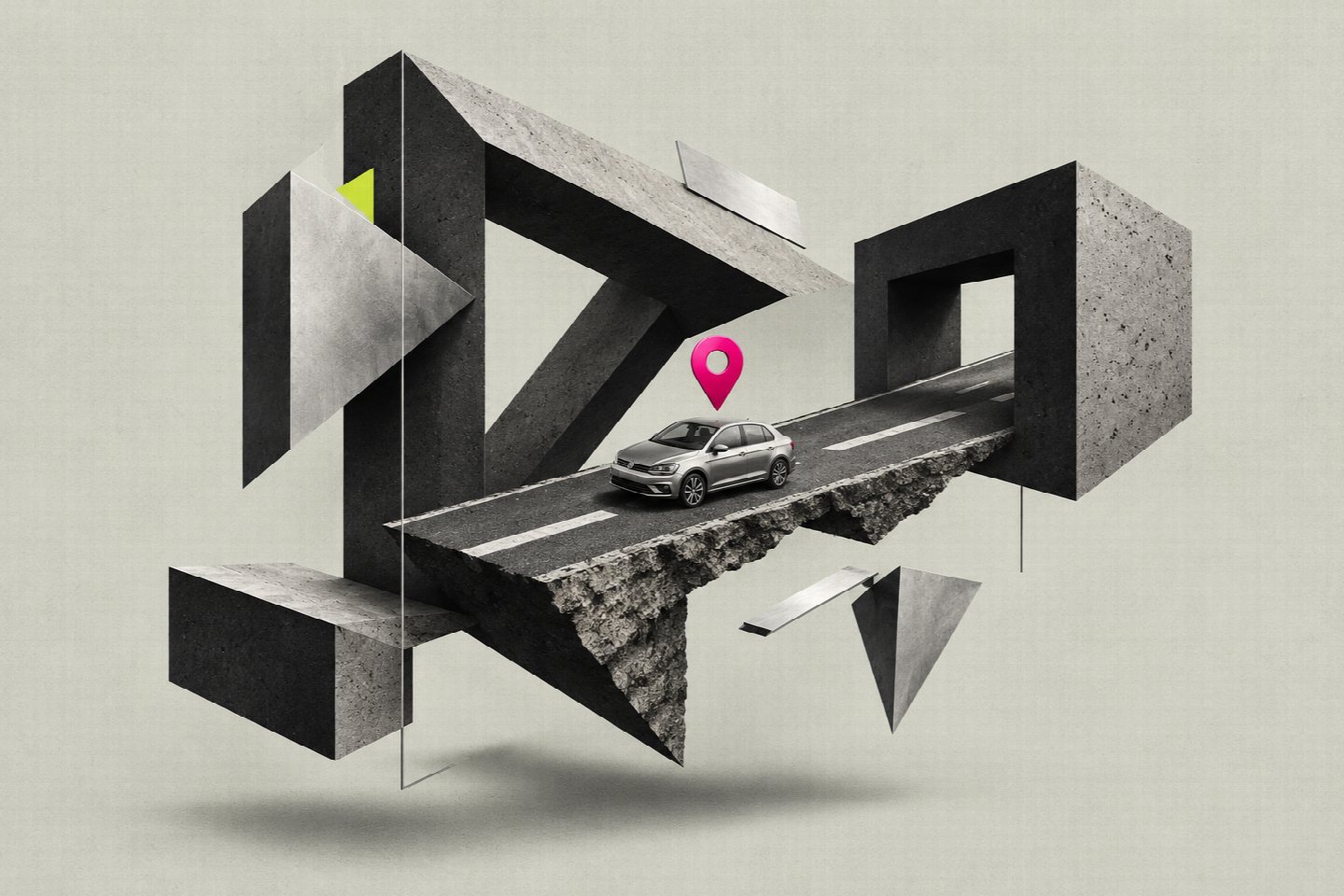 Een auto met felroze locatiepointer op een zwevend wegfragment in een onmogelijke geometrische compositie